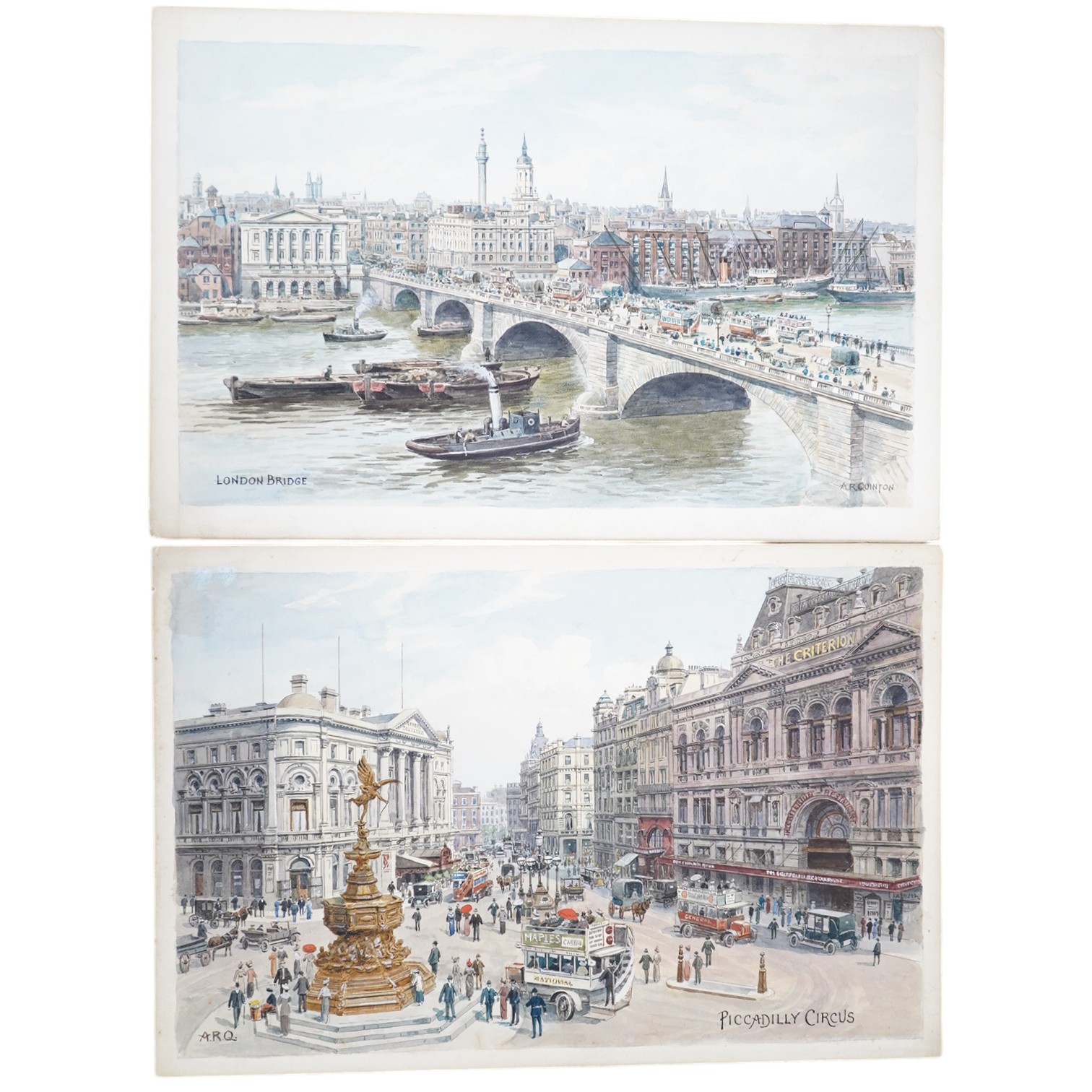 Alfred Robert Quinton (1853-1934), two watercolours on card, Piccadilly Circus and London Bridge, one signed, one signed with monogram, 20 x 31cm, unframed. Condition - fair to good